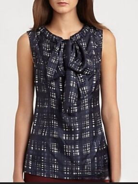 Tory Burch Silk Saffield Blouse Plaid Bow-Front Sz 8